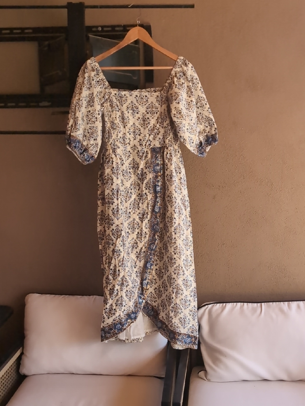 Clara the Label Eleanor Sandstone Cream & Blue Floral Midi Dress 100% Cotton